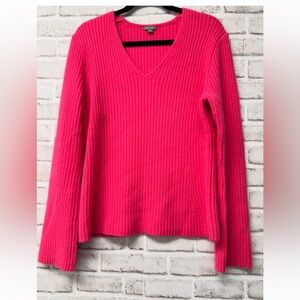 Ann Taylor angora/wool blend sz L. V-neck hot pink sweater. Super soft and warm.